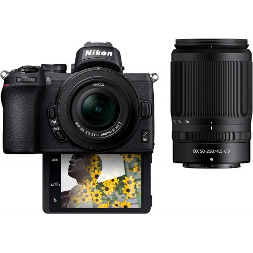  Nikon Z50 Compact Mirrorless Digital Camera with Flip Under Selfie/Vlogger LCD 2 Zoom Lens Kit Includes: NIKKOR Z DX 16-50mm f/3.5-6.3 VR & NIKKOR Z DX 50-250mm F/4.5-6.3 VR