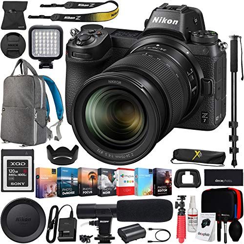  Nikon Z7 Mirrorless FX-Format Full-Frame 4K Ultra HD Camera Body (1594) with NIKKOR Z 24-70mm f/4 S Lens Kit and 120GB Memory Card + Deco Gear Backpack Cleaning Kit Microphone Edit