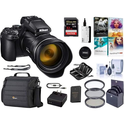  Nikon COOLPIX P1000 Digital Point & Shoot Camera -Bundle with Camera Case, 32GB SDHC Card, 77mm Filter Kit, Cleaning Kit, Card Reader, Memory Wallet, PC Software Package