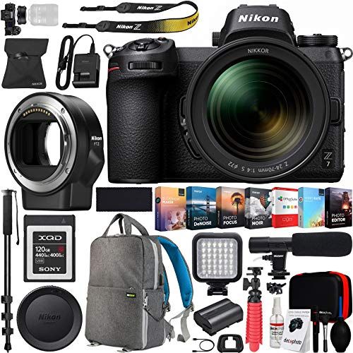  Nikon Z7 Mirrorless FX-Format Full-Frame 4K Ultra HD Camera Body (1594) with NIKKOR Z 24-70mm f/4 S Lens Kit + FTZ Mount Adapter for F-Mount and 120GB Memory Card Deco Gear Backpac