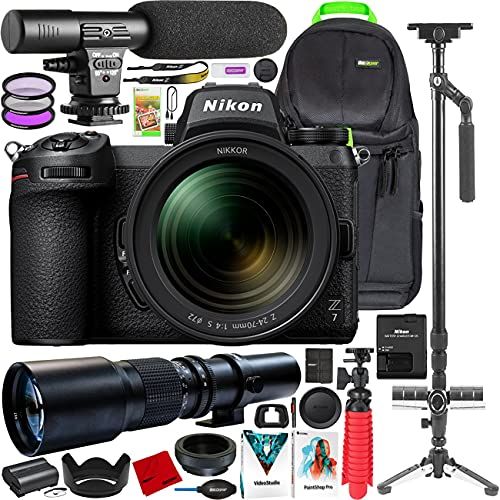  Nikon Z7 Full Frame Mirrorless Camera Body Filmmakers Bundle with 24-70mm F4 Lens Kit + Deco Photo 500mm F8 Telephoto Lens + Vivitar ST-6000 Stabilizer Tripod + Microphone + Backpa