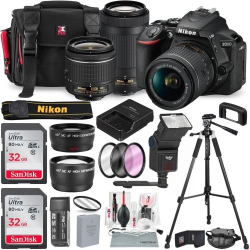  Nikon D5600 DSLR Camera with NIKKOR 18-55mm + 70-300mm Lenses W2 x 32GB Memory Card + Digital Slave Flash + Filters, Telephoto & Wideangle Lens, Xpix Lens Accessories with Deluxe