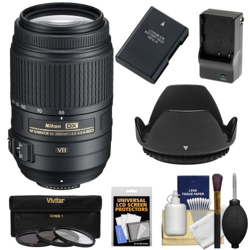  Nikon 55-300mm f4.5-5.6G VR DX AF-S ED Zoom-Nikkor Lens with EN-EL14 BatteryCharger + 3 Filters + Hood + Kit for D3300, D3400, D5300, D5500, D5600 DSLR Cameras