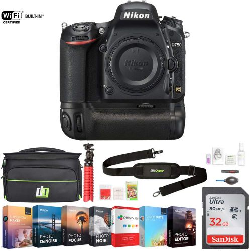  Nikon D750 DSLR 24.3MP HD 1080p FX-Format Digital Camera (1543) - Body Only w 32GB Deluxe Battery Grip Bundle Includes, Accessories, Deco Gear Camera Bag and Photo & Video Profess