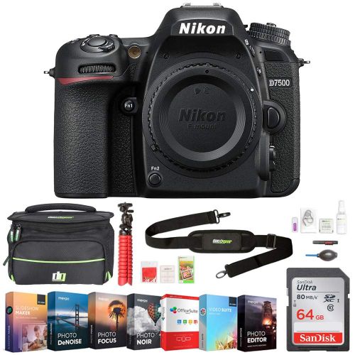  Nikon (1581) D7500 20.9MP DX-Format 4K Ultra HD DSLR Camera (Body Only) wAccessory Bundle Includes, Deco Gear Camera Bag (Medium) wAccessory Kit, 64GB Memory Card & Professional