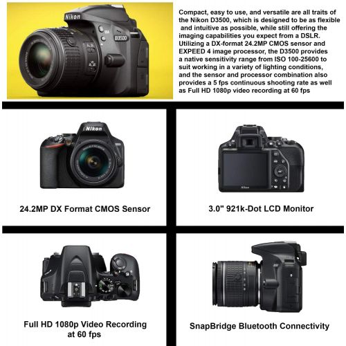  Nikon D3500 DSLR Camera with 18-55mm Lens, Nikon AF-P 70-300mm Lens and 17PC Accessory Bundle  Includes SanDisk Ultra 32GB SDHC Memory Card + Digital Slave Flash + 50” Tripod + Mo