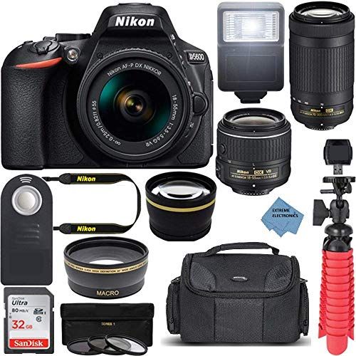  Nikon Intl. D5600 24.2MP DX-Format DSLR Camera with AF-P 18-55mm VR & 70-300mm ED Lens Kit Bundle with Camera Lens, 32GB Memory Card and Accessories (14 Items) wExtreme Ele Cloth n