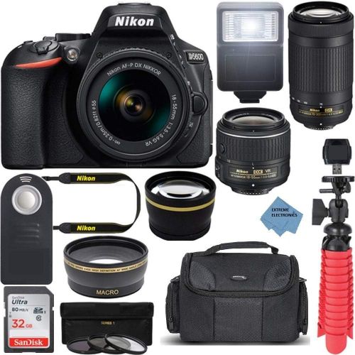  Nikon Intl. D5600 24.2MP DX-Format DSLR Camera with AF-P 18-55mm VR & 70-300mm ED Lens Kit Bundle with Camera Lens, 32GB Memory Card and Accessories (14 Items) wExtreme Ele Cloth n