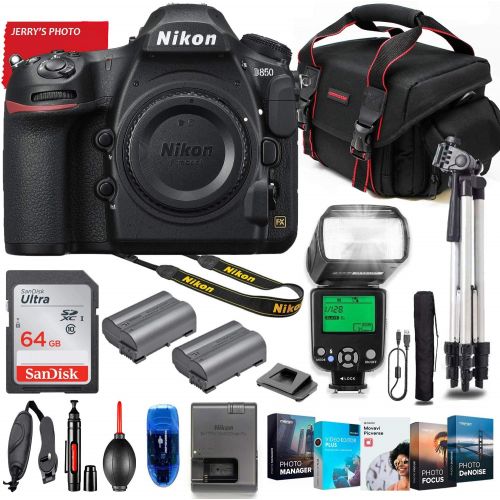  Nikon Intl. D850 DSLR Camera Body Only Bundle + Premium Accessory Bundle Including 64GB Memory, TTL Auto Multi Mode Flash, PhotoVideo Software Package, Shoulder Bag & More