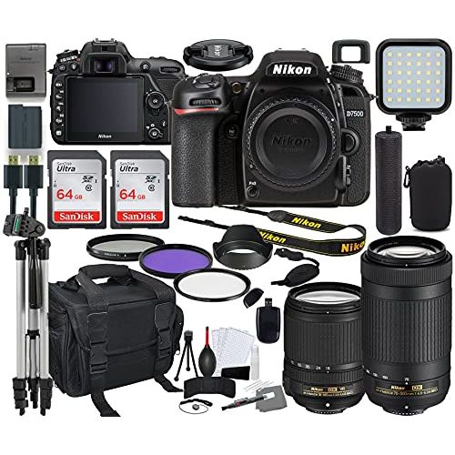  Nikon Intl. D7500 DSLR Camera with 18-140mm (1582) and 70-300mm Lens Bundle + Prime Accessory Kit Including 128GB Memory, Light, Camera Case, Hand Grip and More