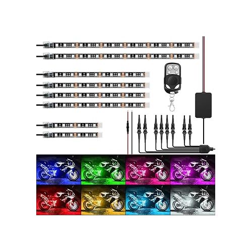  Nilight 8PCS Motorcycle RGB Led Light Kit Waterproof Multi-Color Atmosphere Lights Lamp with 4Key RF Wireless Remote for Harley Davidson Honda Kawasaki Suzuki, 2 Years Warranty (TL-42)