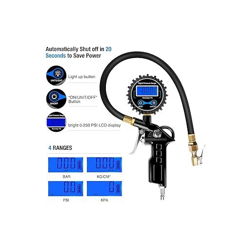  Nilight 50026R Digital Tire Inflator Pressure Gauge,250 PSI Air Chuck and Compressor Accessories Heavy Duty with Rubber Hose and Quick Connect Coupler for 0.1 Display Resolution,2 Year Warranty