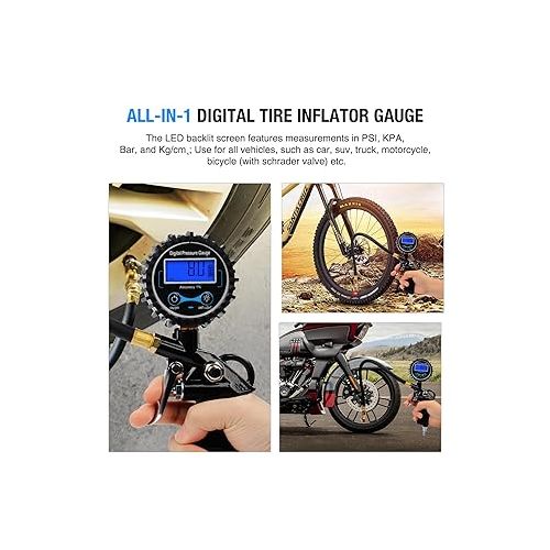  Nilight 50026R Digital Tire Inflator Pressure Gauge,250 PSI Air Chuck and Compressor Accessories Heavy Duty with Rubber Hose and Quick Connect Coupler for 0.1 Display Resolution,2 Year Warranty