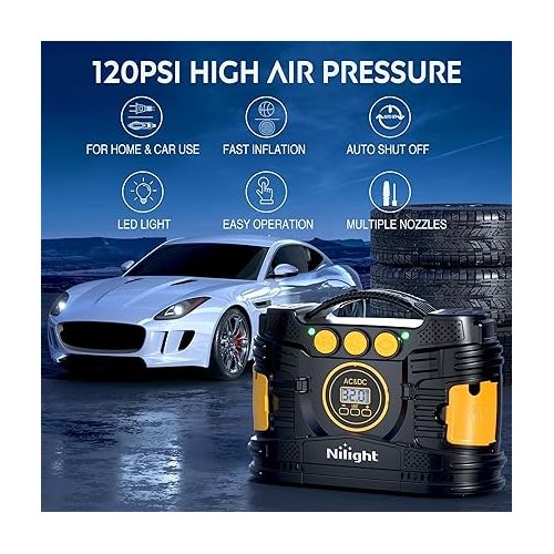  Nilight Tire Inflator Portable Air Compressor Dual Power for Car 12V DC and Home 110V AC Tire Pump w/Tire Pressure Gauge Fast Inflate Auto Shutoff Pump for Car SUV Motorcycle Bicycle, 2 Years Warranty