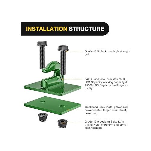  Nilight 2PCS Tractor Bucket Grab Hook 3/8'' Heavy Duty Drop Forged Steel Bolt On Grab Hook Zinc-Coated Cast Tow Hook Max 15000 LBS Dark Green, 2 Years Warranty