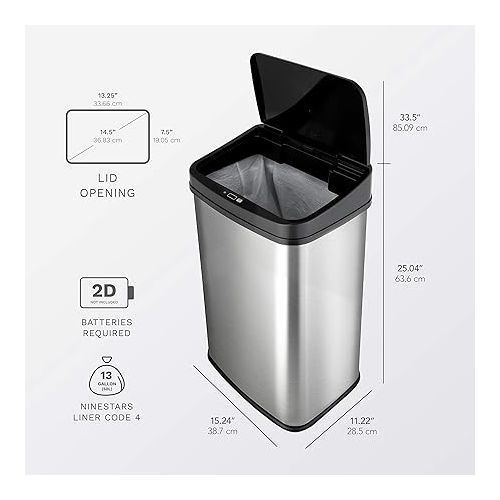  NINESTARS DZT-50-28 Automatic Touchless Motion Sensor Rectangular Trash Can, 13 Gal, Black Trim