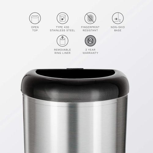  NINESTARS OTT-50-19BK Open Top Office Bathroom Trash Can, 13 Gal 50L, Stainless Steel Base (D Shape, Black Lid)