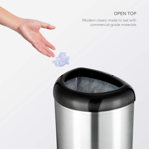  NINESTARS OTT-50-19BK Open Top Office Bathroom Trash Can, 13 Gal 50L, Stainless Steel Base (D Shape, Black Lid)