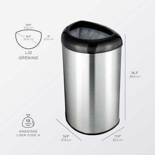  NINESTARS OTT-50-19BK Open Top Office Bathroom Trash Can, 13 Gal 50L, Stainless Steel Base (D Shape, Black Lid)