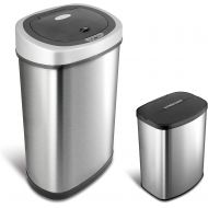 NINESTARS CB-DZT-50-9/8-1 Automatic Touchless Infrared Motion Sensor Trash Can Combo Set, 13 Gal 50L & 2 Gal 8L, Stainless Steel Base (Oval & Rectangular, Silver/Black Lid)