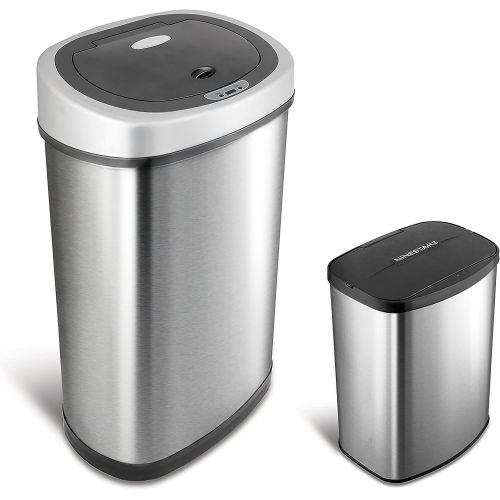  NINESTARS CB-DZT-50-9/8-1 Automatic Touchless Infrared Motion Sensor Trash Can Combo Set, 13 Gal 50L & 2 Gal 8L, Stainless Steel Base (Oval & Rectangular, Silver/Black Lid)