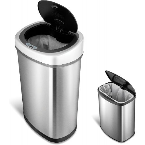  NINESTARS CB-DZT-50-9/8-1 Automatic Touchless Infrared Motion Sensor Trash Can Combo Set, 13 Gal 50L & 2 Gal 8L, Stainless Steel Base (Oval & Rectangular, Silver/Black Lid)