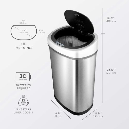  NINESTARS CB-DZT-50-9/8-1 Automatic Touchless Infrared Motion Sensor Trash Can Combo Set, 13 Gal 50L & 2 Gal 8L, Stainless Steel Base (Oval & Rectangular, Silver/Black Lid)