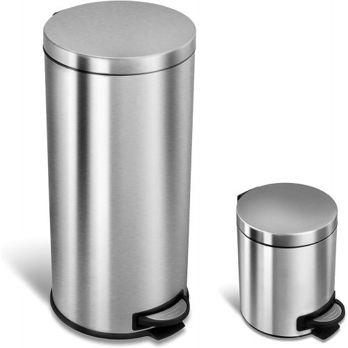  NINESTARS CB-SOT-30-1/5-1 Step-on Trash Can Combo Set, 8 Gal 30L & 1.2 Gal 5L, Stainless Steel Base (Round, Stainless Steel Lid)