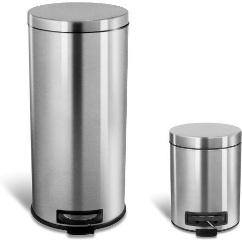  NINESTARS CB-SOT-30-1/5-1 Step-on Trash Can Combo Set, 8 Gal 30L & 1.2 Gal 5L, Stainless Steel Base (Round, Stainless Steel Lid)