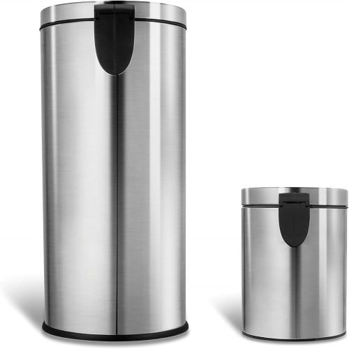  NINESTARS CB-SOT-30-1/5-1 Step-on Trash Can Combo Set, 8 Gal 30L & 1.2 Gal 5L, Stainless Steel Base (Round, Stainless Steel Lid)