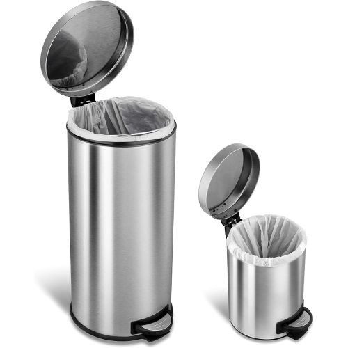  NINESTARS CB-SOT-30-1/5-1 Step-on Trash Can Combo Set, 8 Gal 30L & 1.2 Gal 5L, Stainless Steel Base (Round, Stainless Steel Lid)