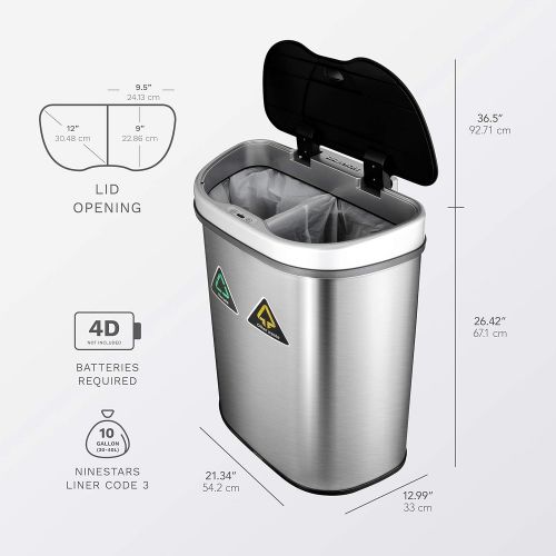  NINESTARS Automatic Touchless Infrared Motion Sensor Trash Can/Recycler with D Shape Silver/Black Lid & Stainless Base, 18 Gal, Stainless Steel