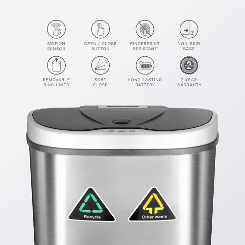  NINESTARS Automatic Touchless Infrared Motion Sensor Trash Can/Recycler with D Shape Silver/Black Lid & Stainless Base, 18 Gal, Stainless Steel