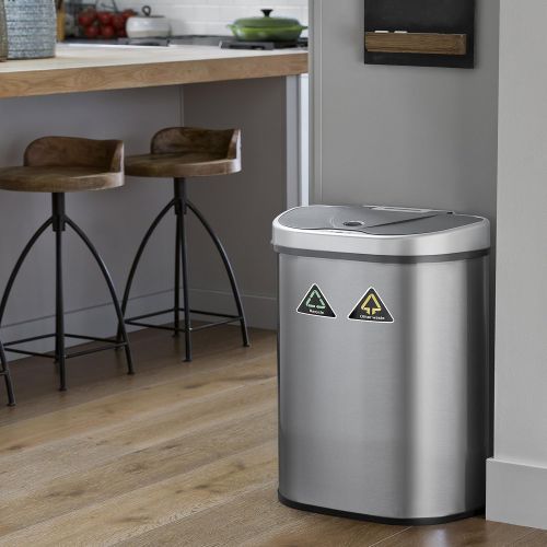  NINESTARS Automatic Touchless Infrared Motion Sensor Trash Can/Recycler with D Shape Silver/Black Lid & Stainless Base, 18 Gal, Stainless Steel