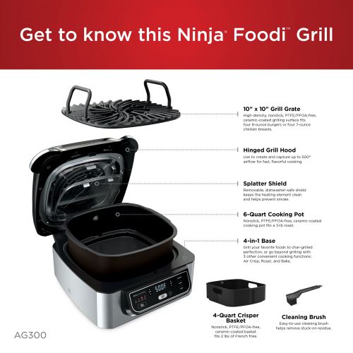 닌자 Ninja Foodi 4-in-1 Indoor Grill with 4-Quart Air Fryer with Roast, Bake, and Cyclonic Grilling Technology, AG300