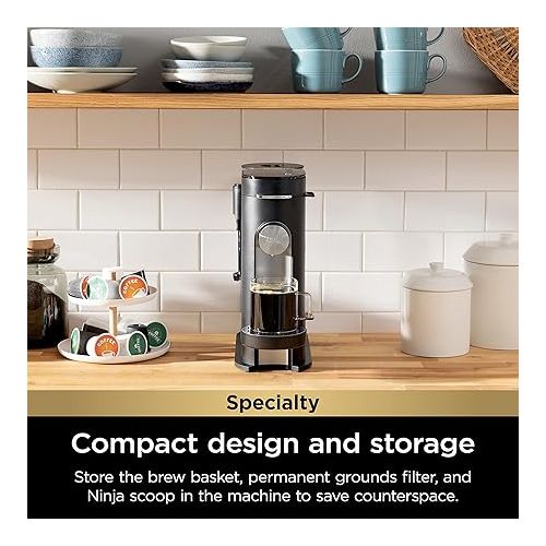 닌자 Ninja PB051 Pod & Grounds Specialty Single-Serve Coffee Maker, K-Cup Pod Compatible, Brews Grounds, Compact Design, Built-In Milk Frother, 56-oz. Reservoir, 6-oz. Cup to 24-oz. Mug Sizes, Black