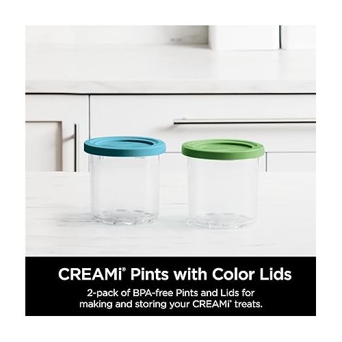 닌자 Ninja CREAMi Pints ,Compatible with NC299AMZ & NC300s Series CREAMi Ice Cream Makers, BPA-Free & Dishwasher Safe, Color Lids, 1 Pint Each, Clear/Lime/Aqua, XSKPLID2CD, 2 count (Pack of 1)