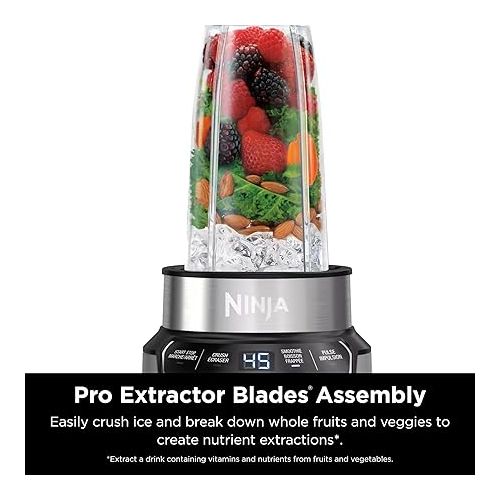 닌자 Ninja BN401 Nutri Pro Compact Personal Blender, Auto-iQ Technology, 1000-Peak-Watts, for Frozen Drinks, Smoothies, Sauces & More, with (2) 24-oz. To-Go Cups & Spout Lids, Cloud Silver