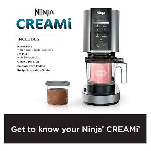 닌자 Ninja NC301 CREAMi Ice Cream Maker, for Gelato, Mix-ins, Milkshakes, Sorbet, Smoothie Bowls & More, 7 One-Touch Programs, with (2) Pint Containers & Lids, Compact Size, Perfect for Kids, Silver