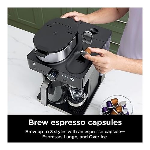 닌자 Ninja CFN601 Espresso & Coffee Barista System, 3 Espresso Brew Styles, Single-Serve Coffee & Nespresso Capsule Compatible, 12-Cup Carafe, Built-in Frother, Espresso, Cappuccino & Latte Maker - Black