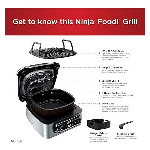 닌자 Ninja AG301 Foodi 5-in-1 Indoor Electric Grill with Air Fry, Roast, Bake & Dehydrate - Programmable, Black/Silver