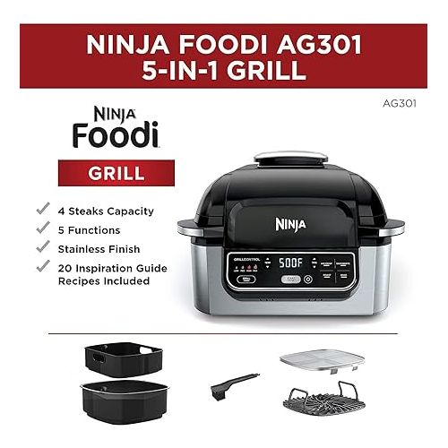 닌자 Ninja AG301 Foodi 5-in-1 Indoor Electric Grill with Air Fry, Roast, Bake & Dehydrate - Programmable, Black/Silver