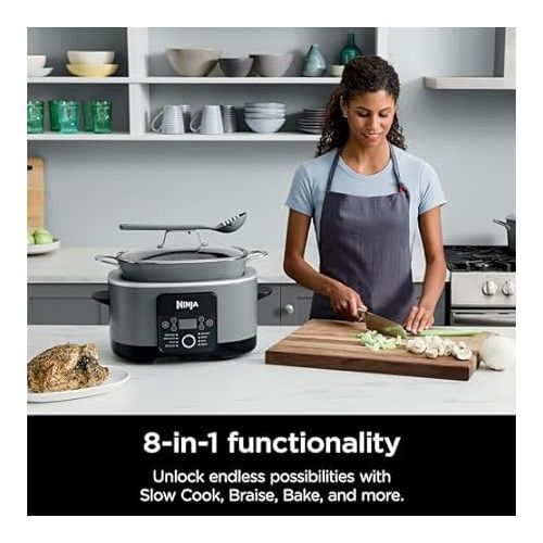 닌자 Ninja MC1001 Foodi PossibleCooker PRO 8.5 Quart Multi-Cooker, with 8-in-1 Slow Cooker, Pressure Cooker, Dutch Oven & More, Glass Lid & Integrated Spoon, Nonstick, Oven Safe Pot to 500°F, Sea Salt Grey (Renewed)