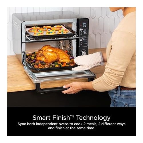 닌자 Ninja DCT451 12-in-1 Smart Double Oven with FlexDoor, Thermometer, FlavorSeal, Smart Finish, Rapid Top Convection and Air Fry Bottom , Stainless Steel