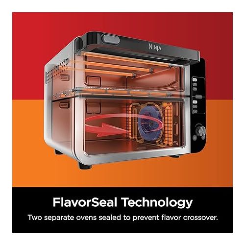 닌자 Ninja DCT451 12-in-1 Smart Double Oven with FlexDoor, Thermometer, FlavorSeal, Smart Finish, Rapid Top Convection and Air Fry Bottom , Stainless Steel