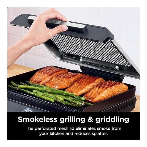 닌자 Ninja GR101 Sizzle Smokeless Indoor Grill & Griddle, 14'' Interchangeable Nonstick Plates, Dishwasher-Safe Removable Mesh Lid, 500F Max Heat, Even Edge-to-Edge Cooking, Grey/Silver