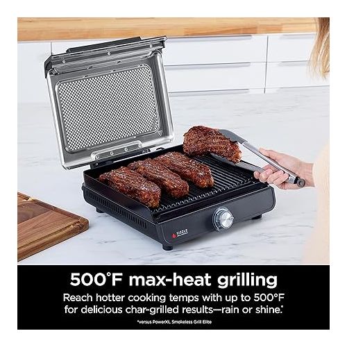 닌자 Ninja GR101 Sizzle Smokeless Indoor Grill & Griddle, 14'' Interchangeable Nonstick Plates, Dishwasher-Safe Removable Mesh Lid, 500F Max Heat, Even Edge-to-Edge Cooking, Grey/Silver