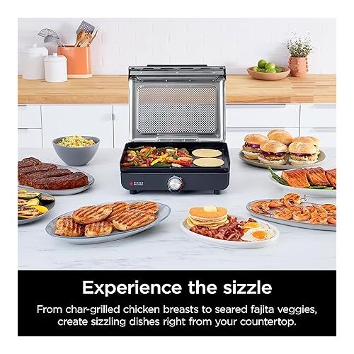 닌자 Ninja GR101 Sizzle Smokeless Indoor Grill & Griddle, 14'' Interchangeable Nonstick Plates, Dishwasher-Safe Removable Mesh Lid, 500F Max Heat, Even Edge-to-Edge Cooking, Grey/Silver