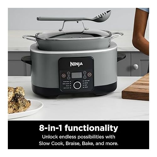 닌자 Ninja MC1001 Foodi PossibleCooker PRO 8.5 Quart Multi-Cooker, with 8-in-1 Slow Cooker, Dutch Oven, Steamer, Glass Lid Integrated Spoon, Nonstick, Oven Safe Pot to 500°F, Sea Salt Gray