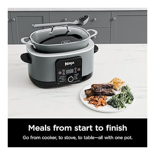 닌자 Ninja MC1001 Foodi PossibleCooker PRO 8.5 Quart Multi-Cooker, with 8-in-1 Slow Cooker, Dutch Oven, Steamer, Glass Lid Integrated Spoon, Nonstick, Oven Safe Pot to 500°F, Sea Salt Gray